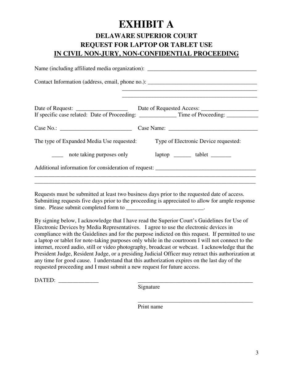 Exhibit A Request for Laptop or Tablet Use in Civil Non-jury, Non-confidential Proceeding - Delaware, Page 3