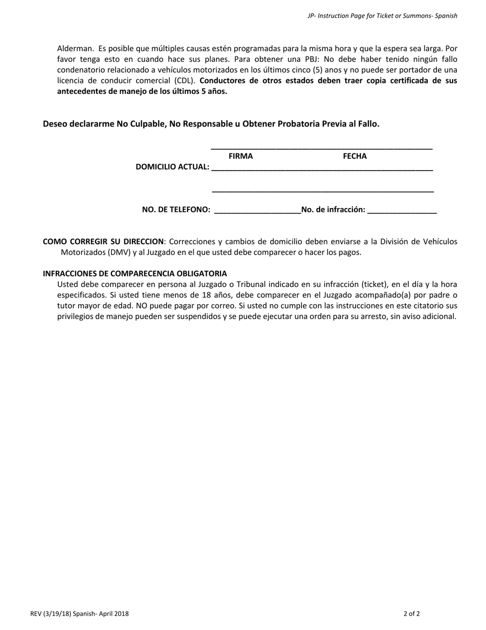 Boleta De Infracciones O Citatorios: Instrucciones - Delaware (Spanish), Page 2