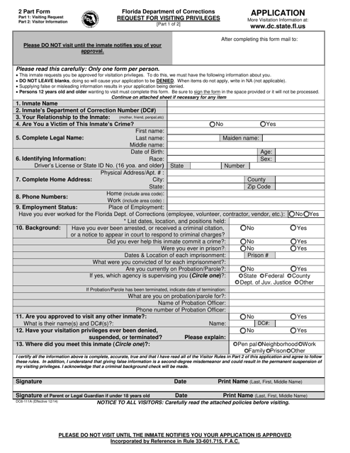 Form DC6-111A Request for Visiting Privileges - Florida (English/Spanish)