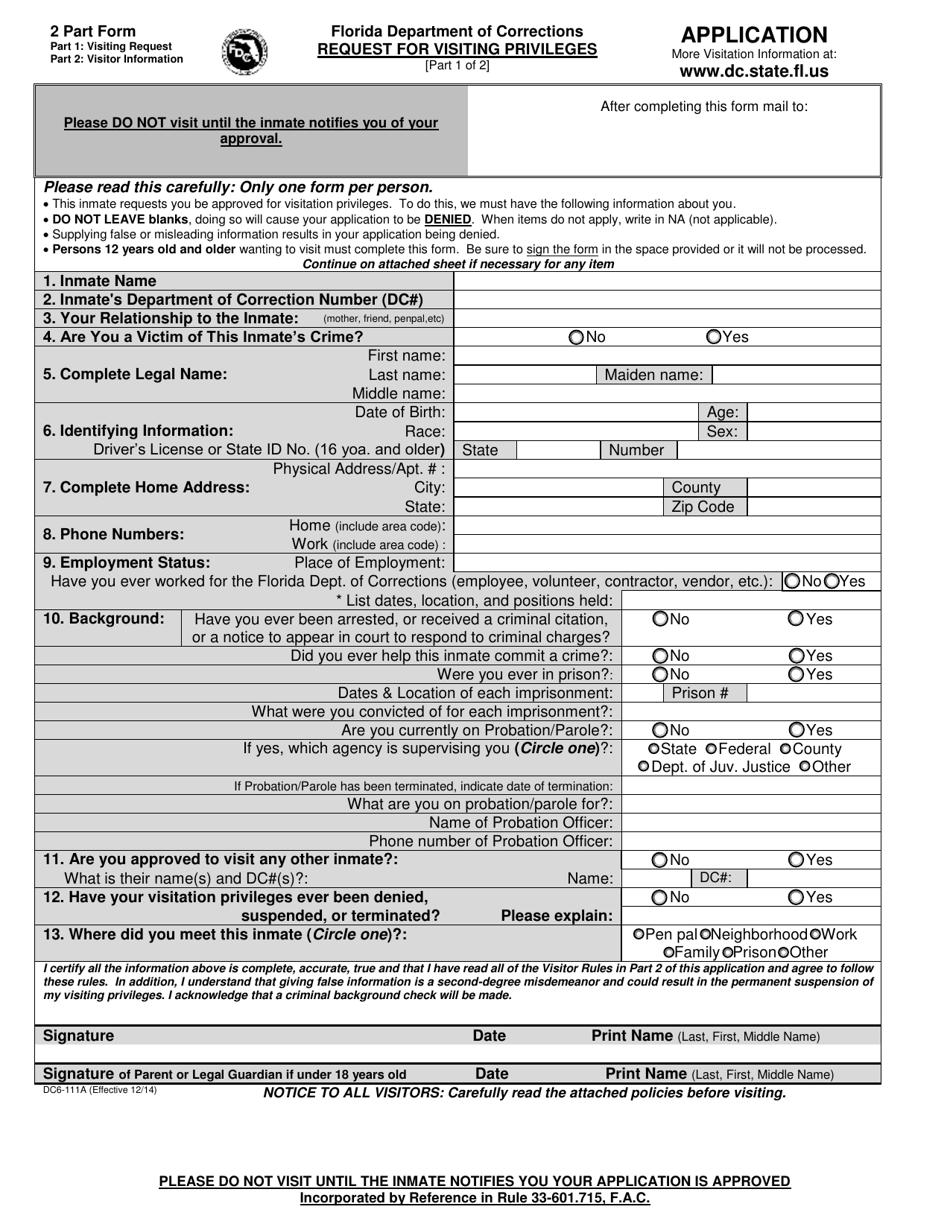 Form DC6-111A Request for Visiting Privileges - Florida (English / Spanish), Page 1