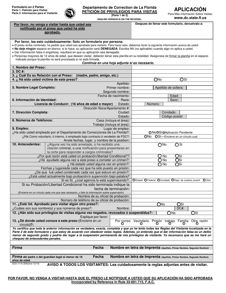 Form DC6-111A Request for Visiting Privileges - Florida (English / Spanish), Page 2