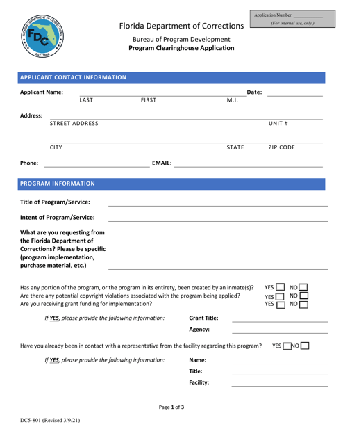 Form DC5-801 Program Clearinghouse Application - Florida