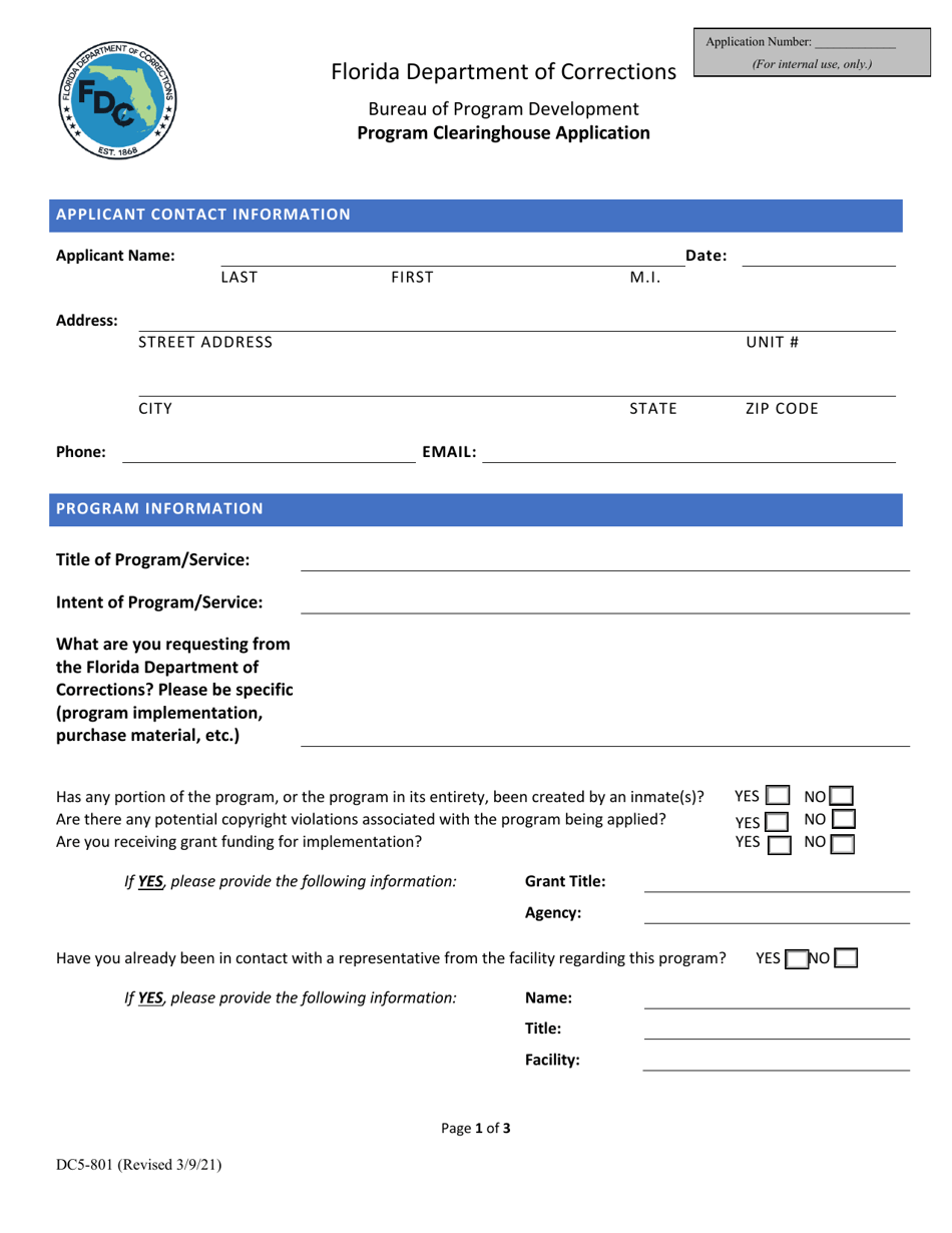 Form DC5-801 Program Clearinghouse Application - Florida, Page 1