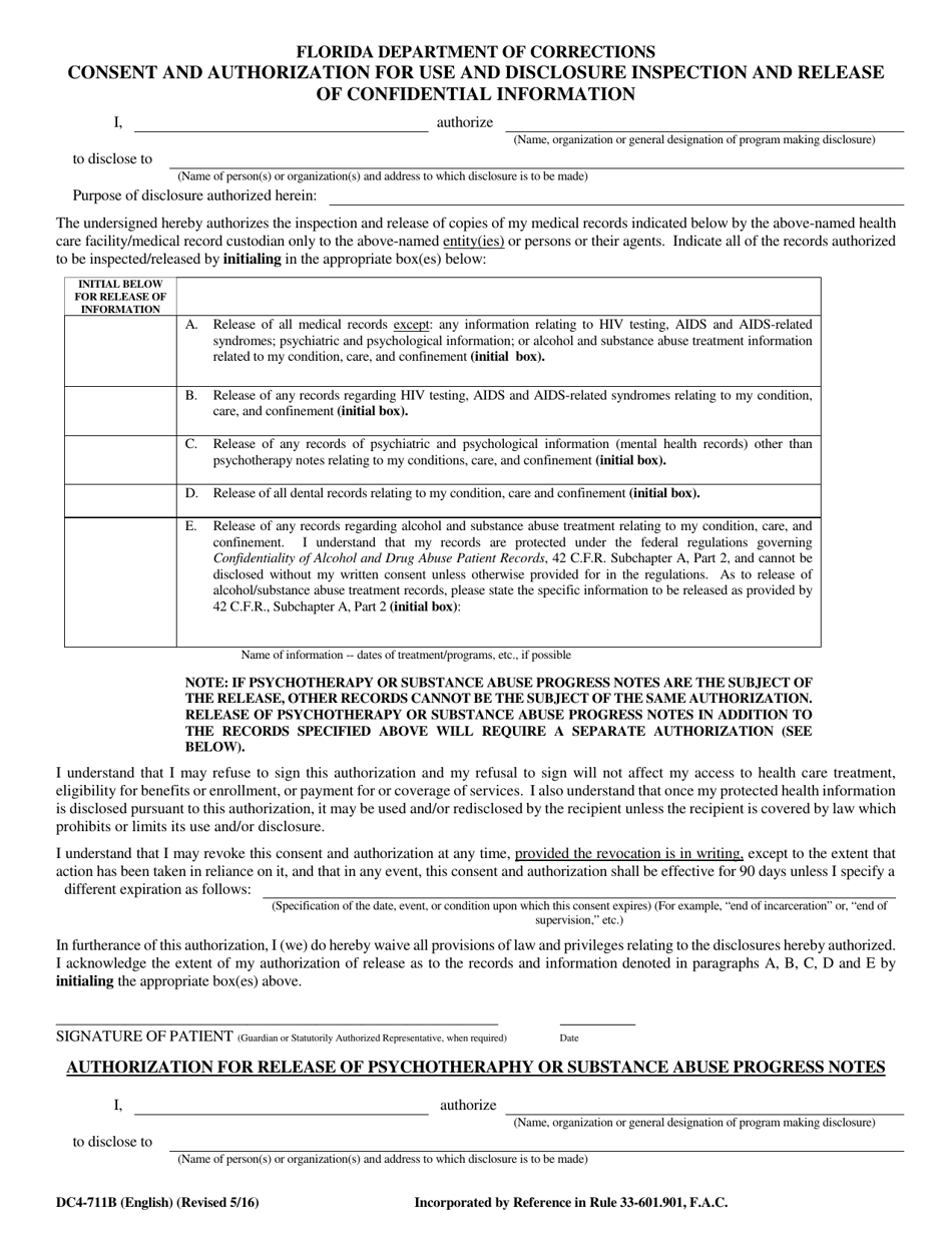Form DC4-711B Consent and Authorization for Use and Disclosure Inspection and Release of Confidential Information - Florida, Page 1