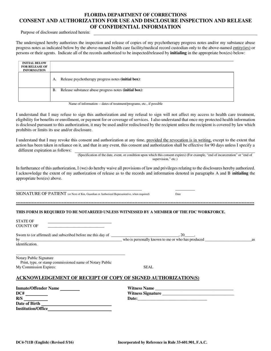 Form DC4-711B Consent and Authorization for Use and Disclosure Inspection and Release of Confidential Information - Florida, Page 2