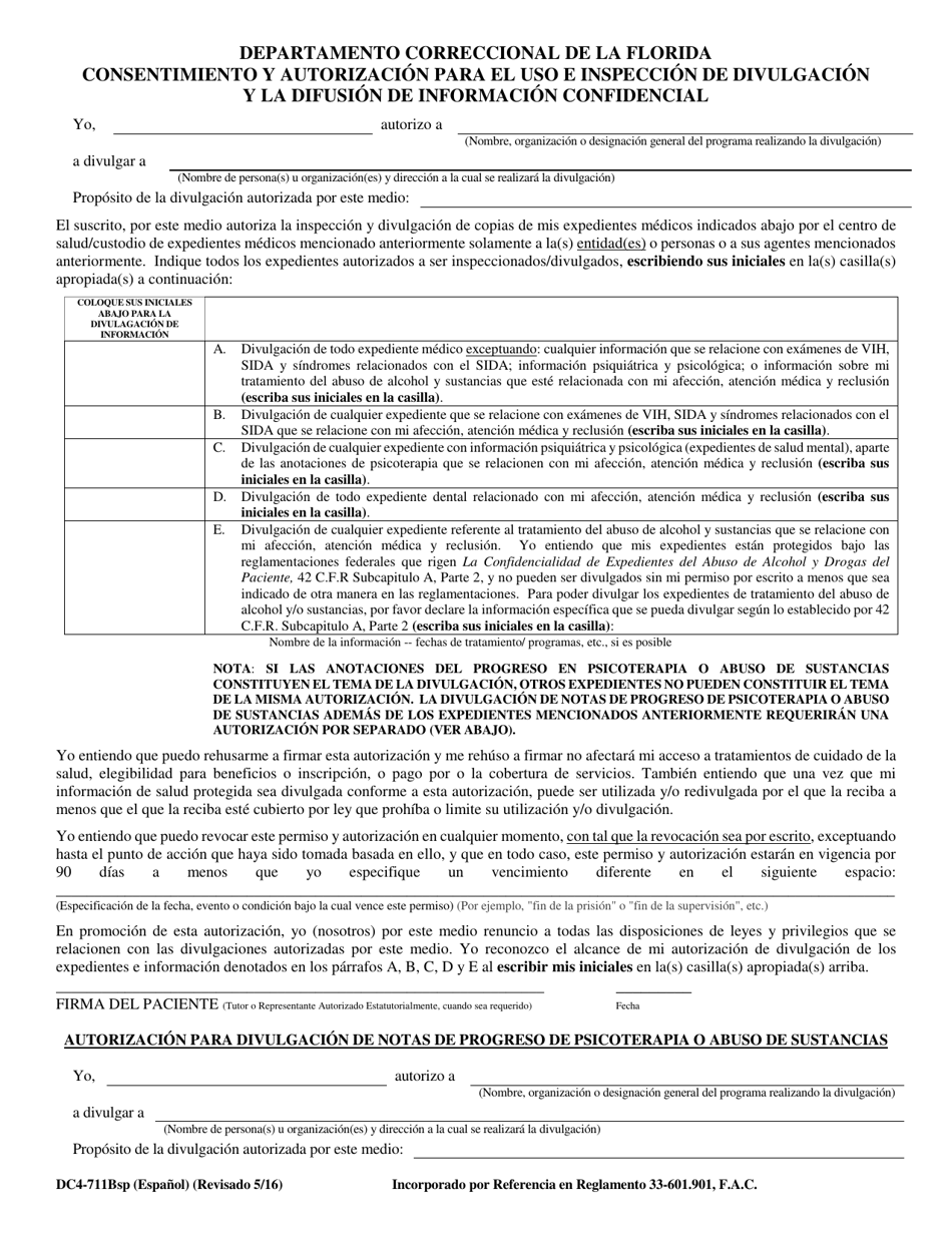 Formulario DC4-711B Consentimiento Y Autorizacion Para El Uso E Inspeccion De Divulgacion Y La Difusion De Informacion Confidencial - Florida (Spanish), Page 1