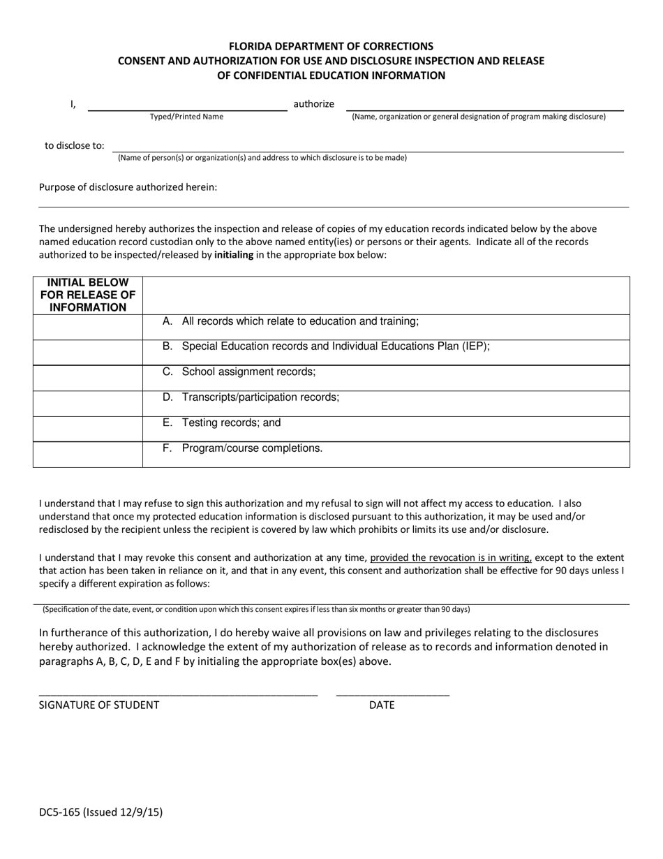 Form DC5-165 Consent and Authorization for Use and Disclosure Inspection and Release of Confidential Education Information - Florida, Page 1