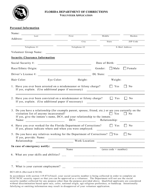 Form DC5-601A Volunteer Application - Florida