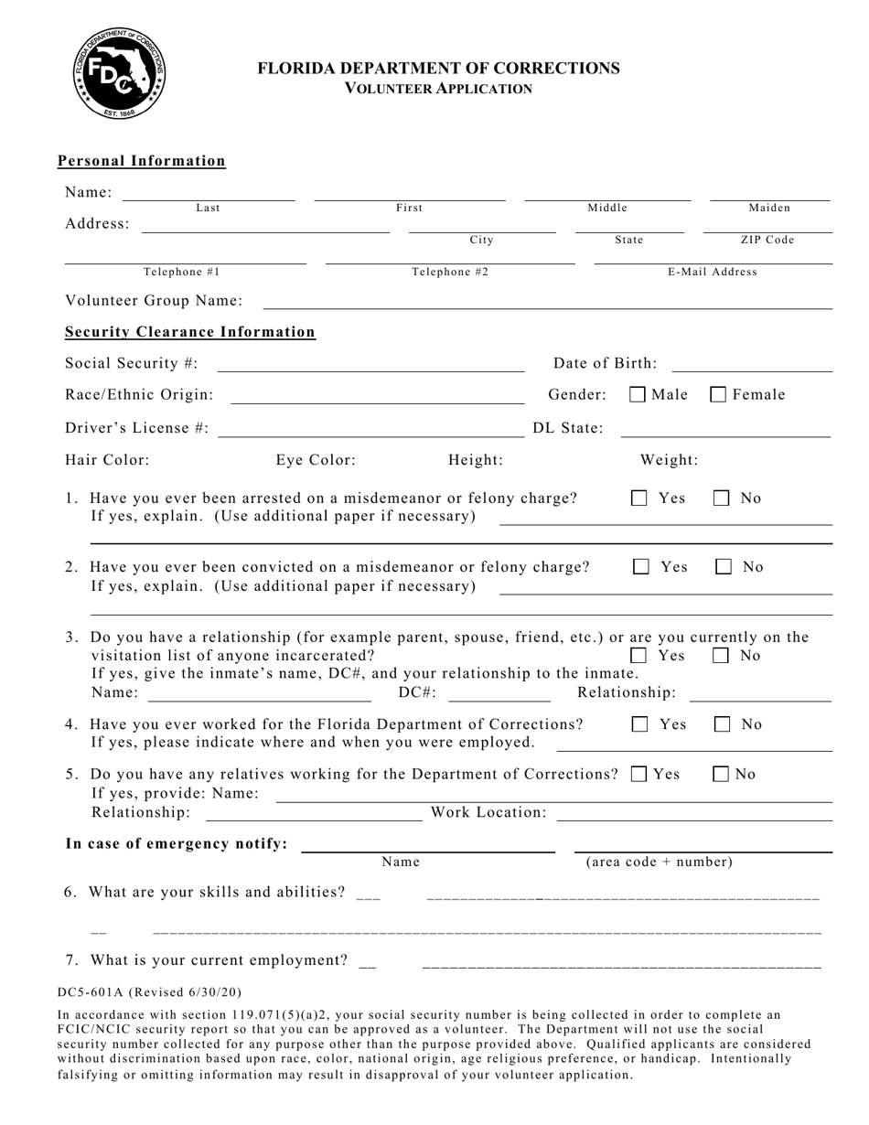 Form DC5-601A Volunteer Application - Florida, Page 1