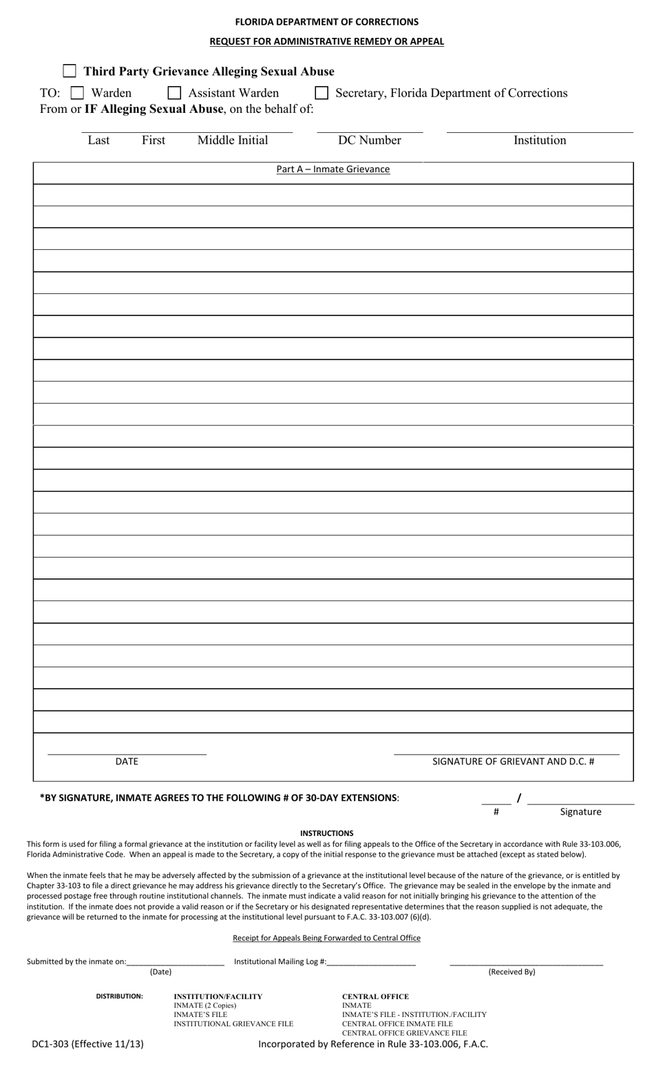 Form DC1-303 Request for Administrative Remedy or Appeal - Florida, Page 1