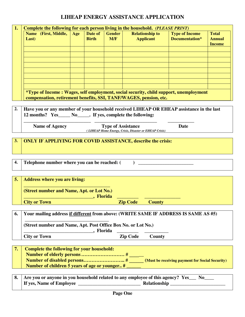 Liheap Energy Assistance Application - Bay County, Florida, Page 1