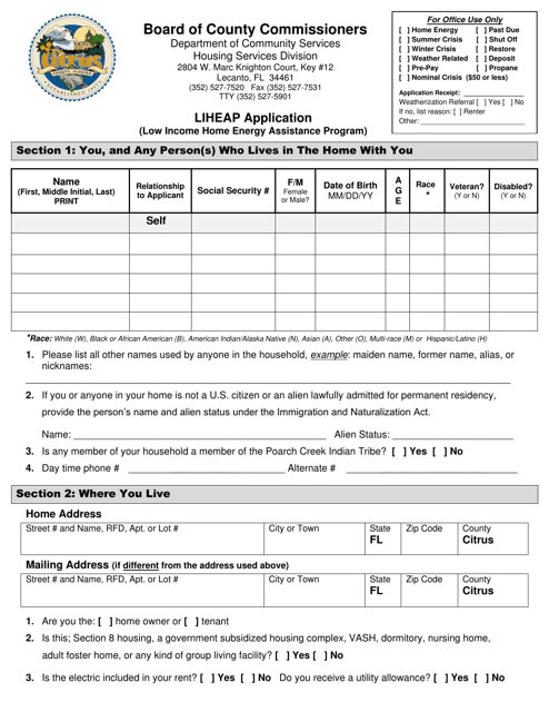 Citrus County Florida Liheap Application Low Income Home Energy Assistance Program Fill Out 8516