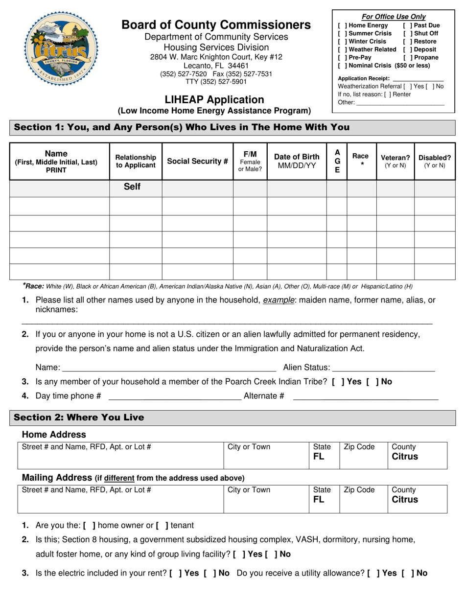 Citrus County Florida Liheap Application Low Income Home Energy Assistance Program Fill Out 2166