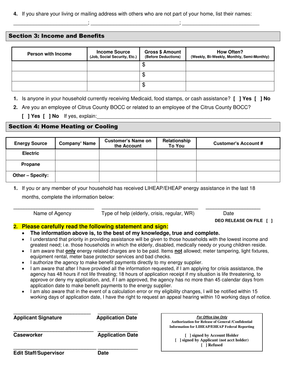 Citrus County Florida Liheap Application Low Income Home Energy Assistance Program Fill Out 6012