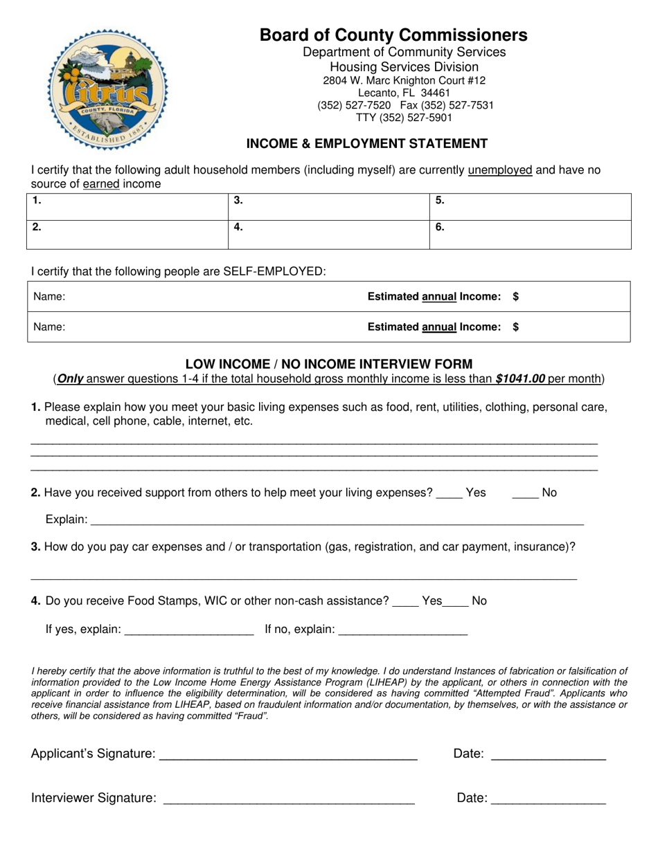 Citrus County Florida Liheap Application Low Income Home Energy Assistance Program Fill Out 1398