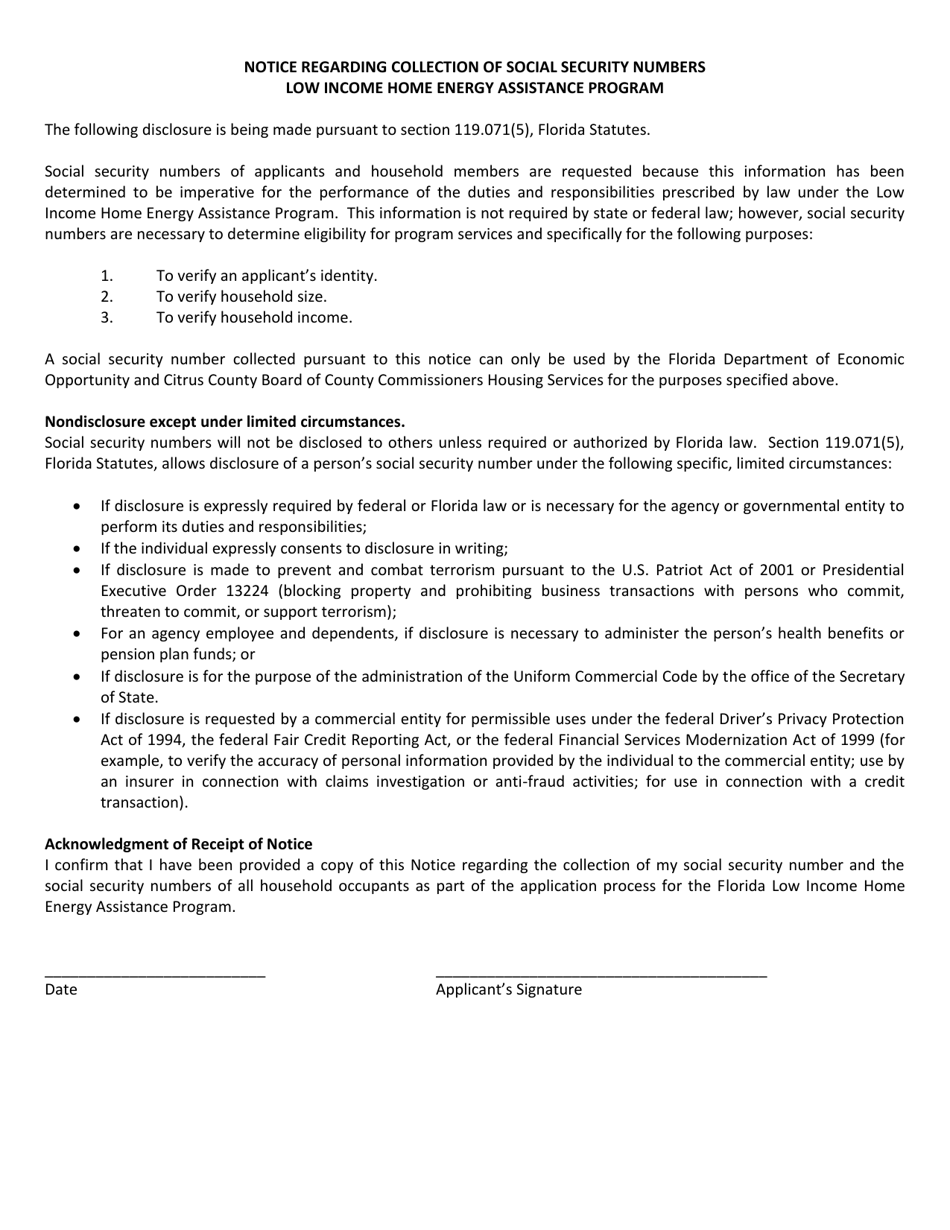 Citrus County Florida Liheap Application Low Income Home Energy Assistance Program Fill Out 7837