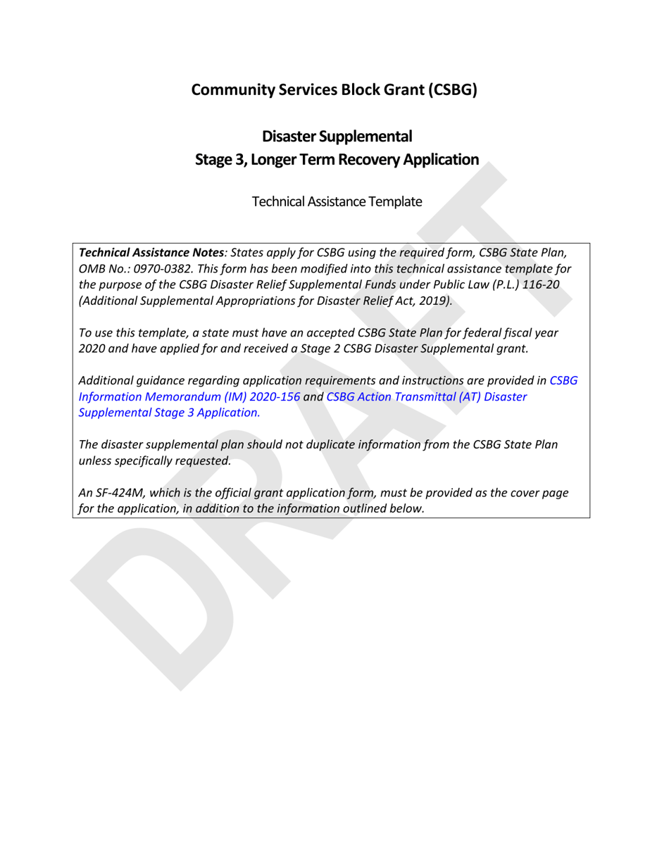 Community Services Block Grant (Csbg) Disaster Supplemental - Stage 3, Longer Term Recovery Application Technical Assistance Template - Draft - Florida, Page 1
