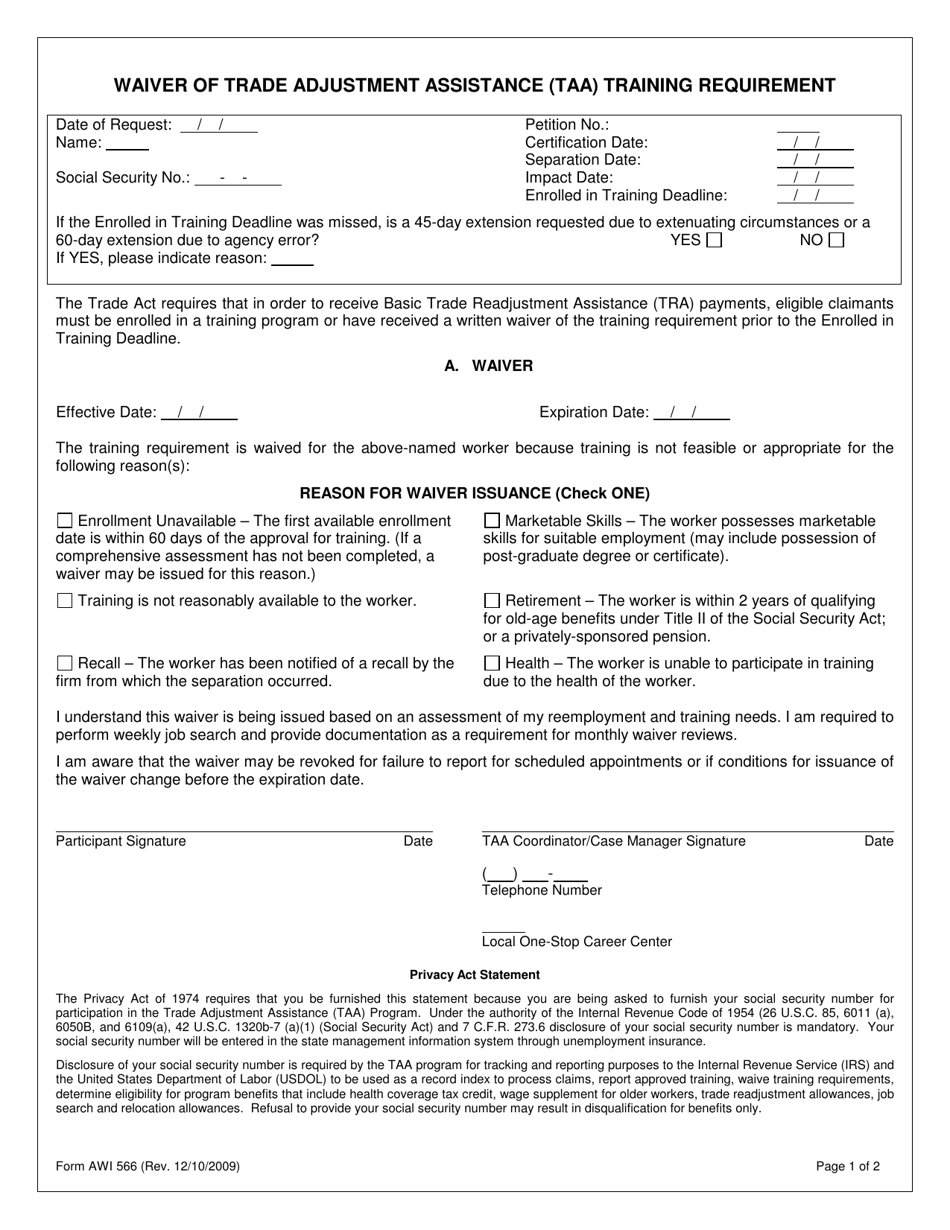 Form AWI566 Waiver of Trade Adjustment Assistance (Taa) Training Requirement - Florida, Page 1