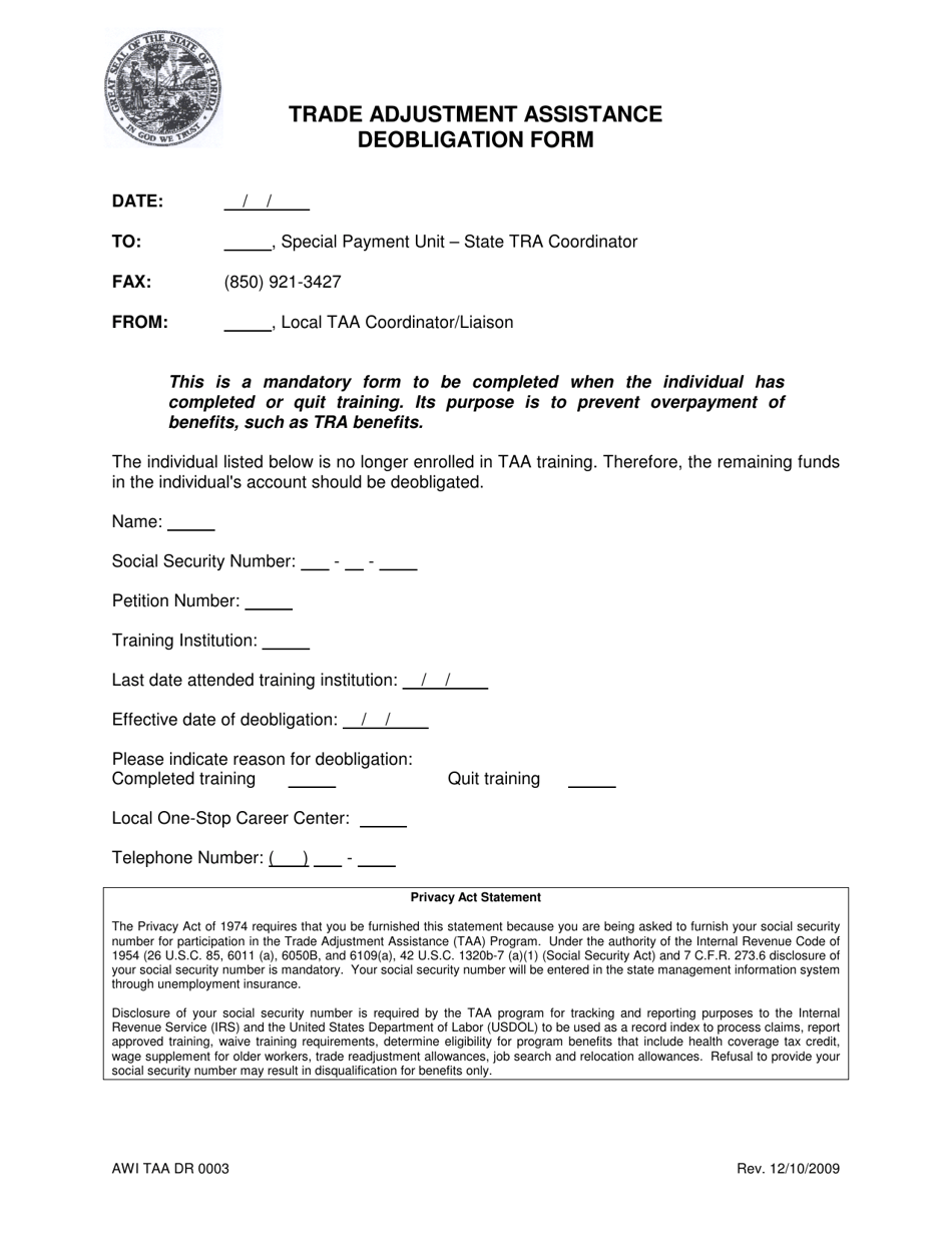 Form AWI TAA DR003 - Fill Out, Sign Online and Download Printable PDF ...