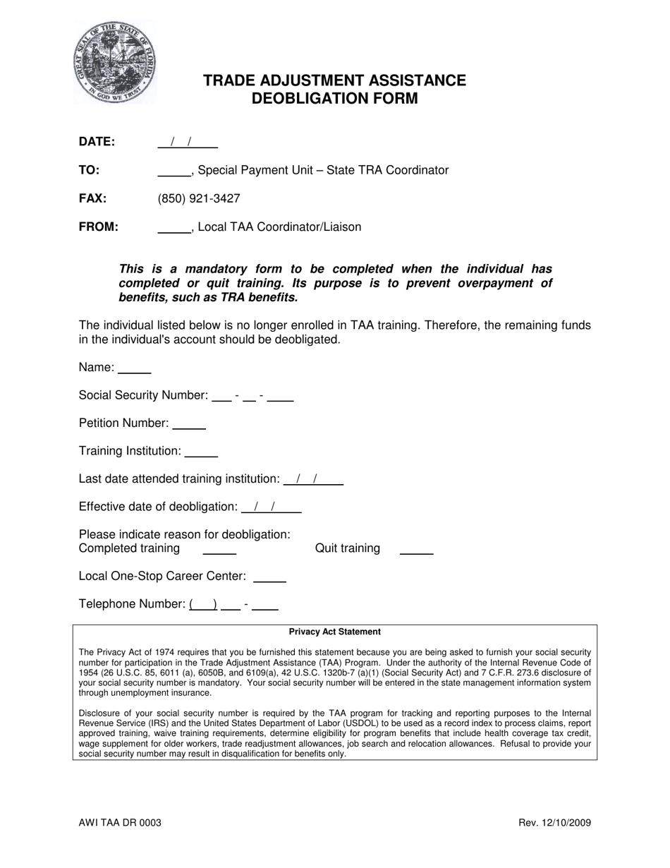 Form AWI TAA DR003 Trade Adjustment Assistance Deobligation Form - Florida, Page 1