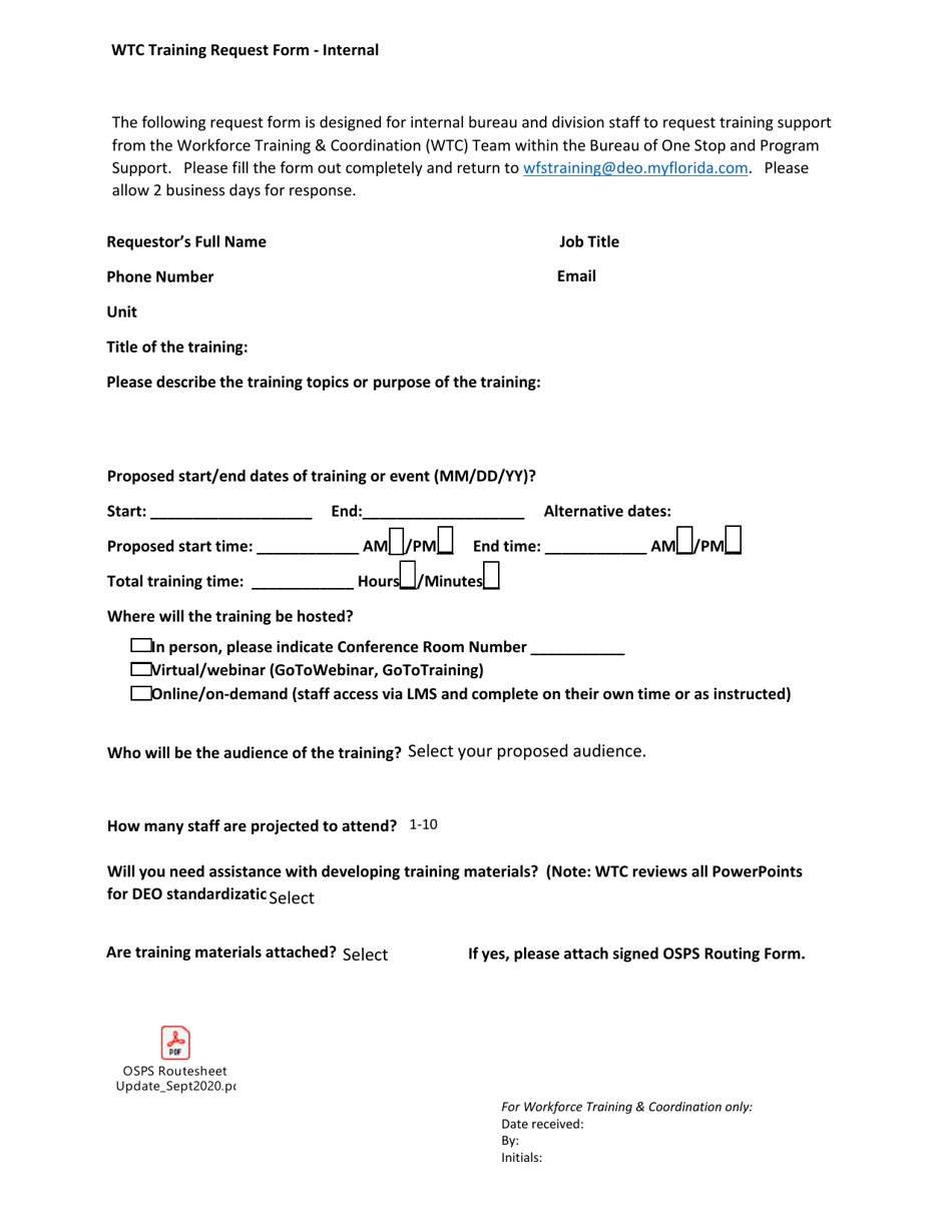 Wtc Training Request Form - Internal - Florida, Page 1