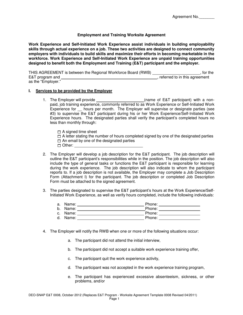 Form DEO-SNAP ET0008 Employment and Training Worksite Agreement - Florida, Page 1