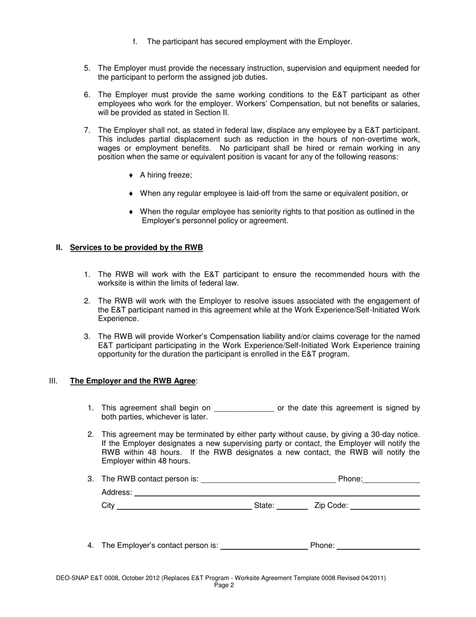 Form DEO-SNAP ET0008 Employment and Training Worksite Agreement - Florida, Page 2
