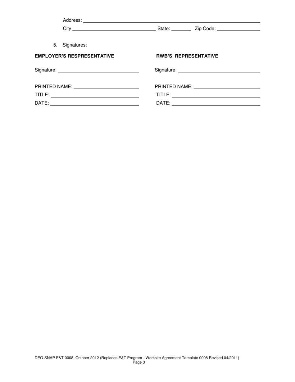 Form DEO-SNAP ET0008 Employment and Training Worksite Agreement - Florida, Page 3