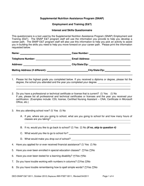 Form DEO-SNAP E&amp;T0011 Employment and Training (E&amp;t) Interest and Skills Questionnaire - Supplemental Nutrition Assistance Program (Snap) - Florida