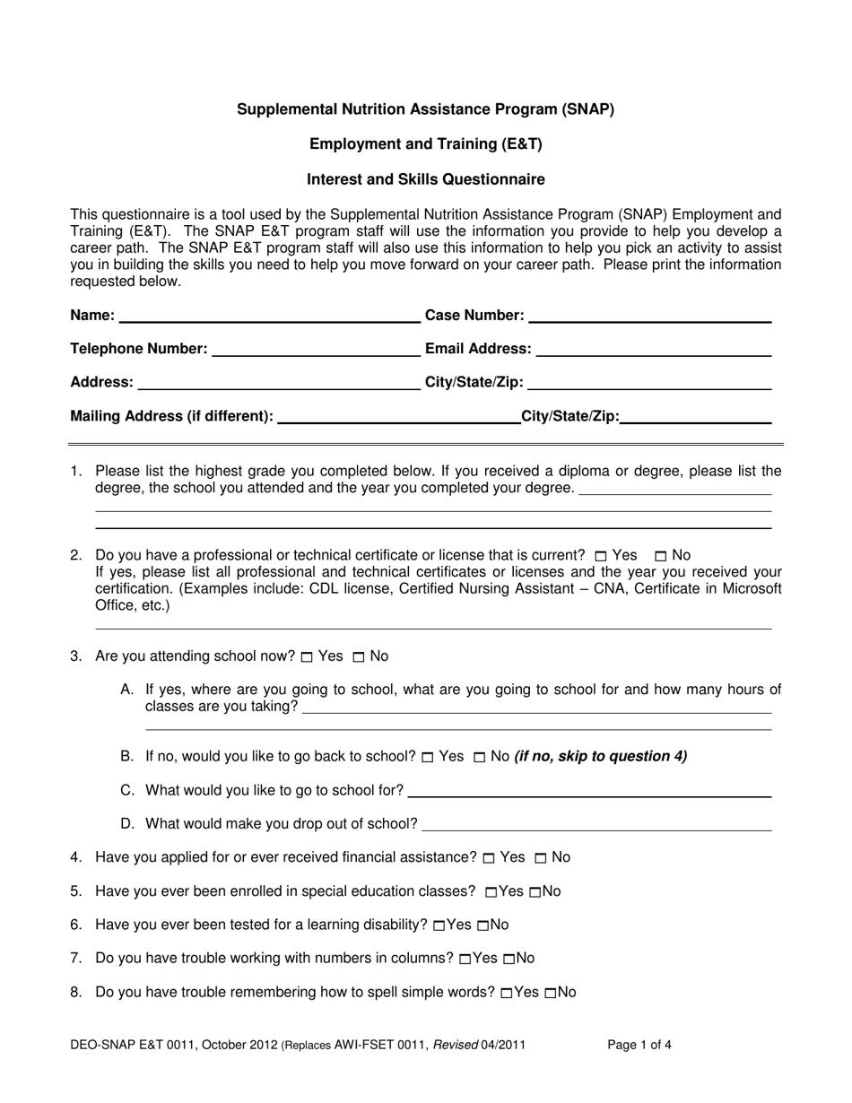 Form DEO-SNAP ET0011 Employment and Training (Et) Interest and Skills Questionnaire - Supplemental Nutrition Assistance Program (Snap) - Florida, Page 1