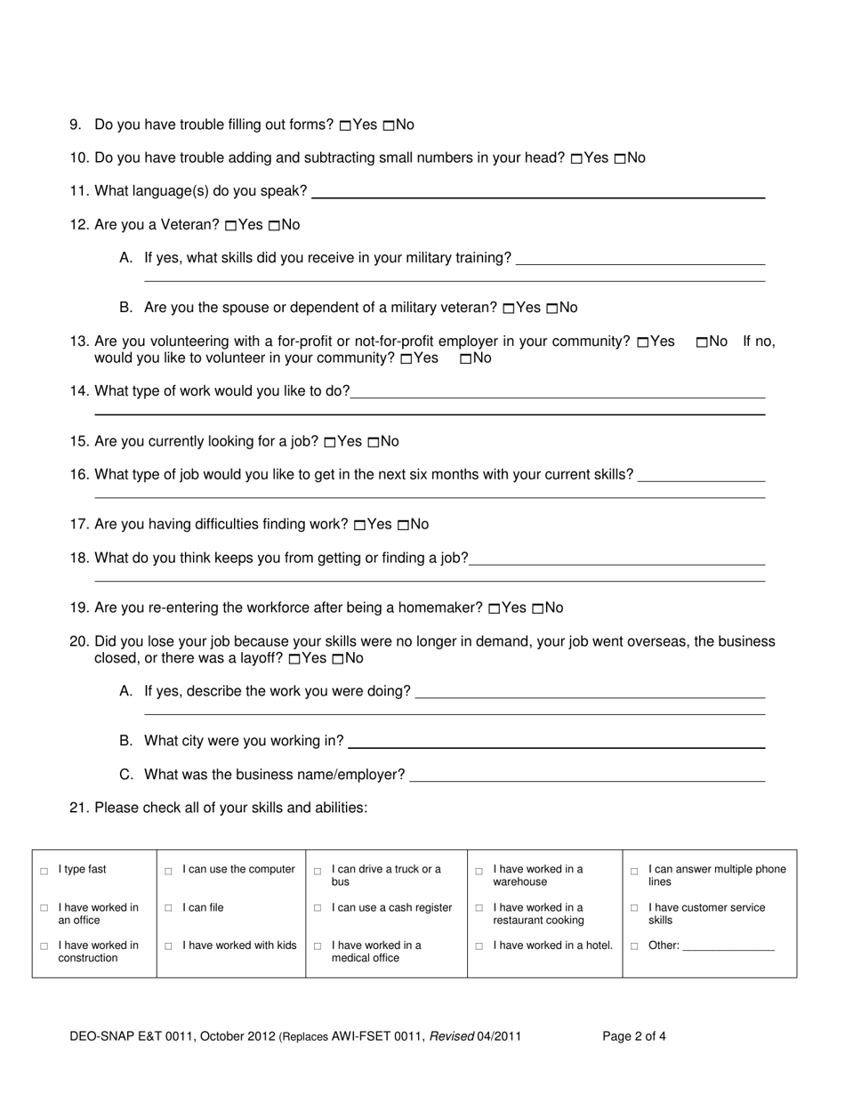 Form DEO-SNAP ET0011 Employment and Training (Et) Interest and Skills Questionnaire - Supplemental Nutrition Assistance Program (Snap) - Florida, Page 2