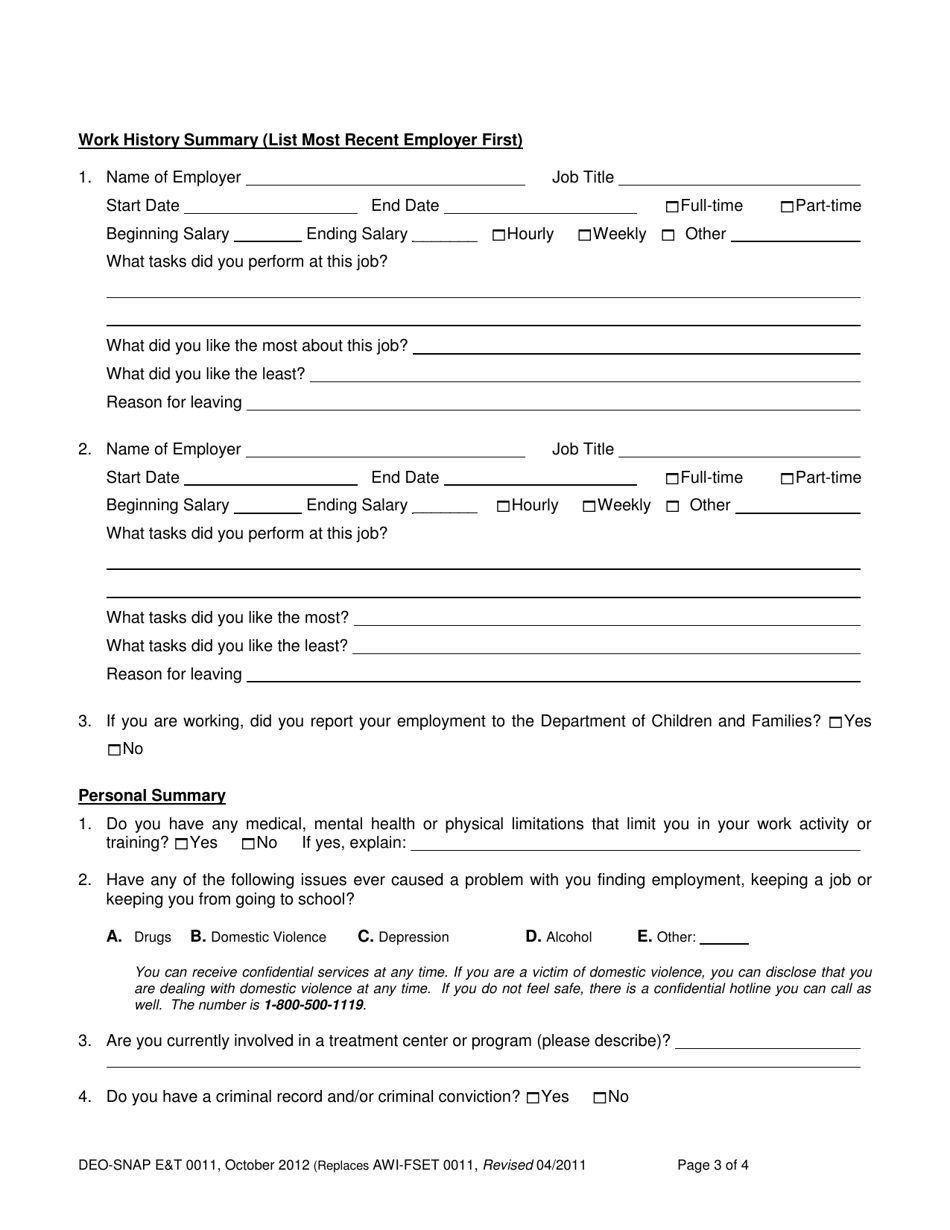 Form DEO-SNAP ET0011 Employment and Training (Et) Interest and Skills Questionnaire - Supplemental Nutrition Assistance Program (Snap) - Florida, Page 3