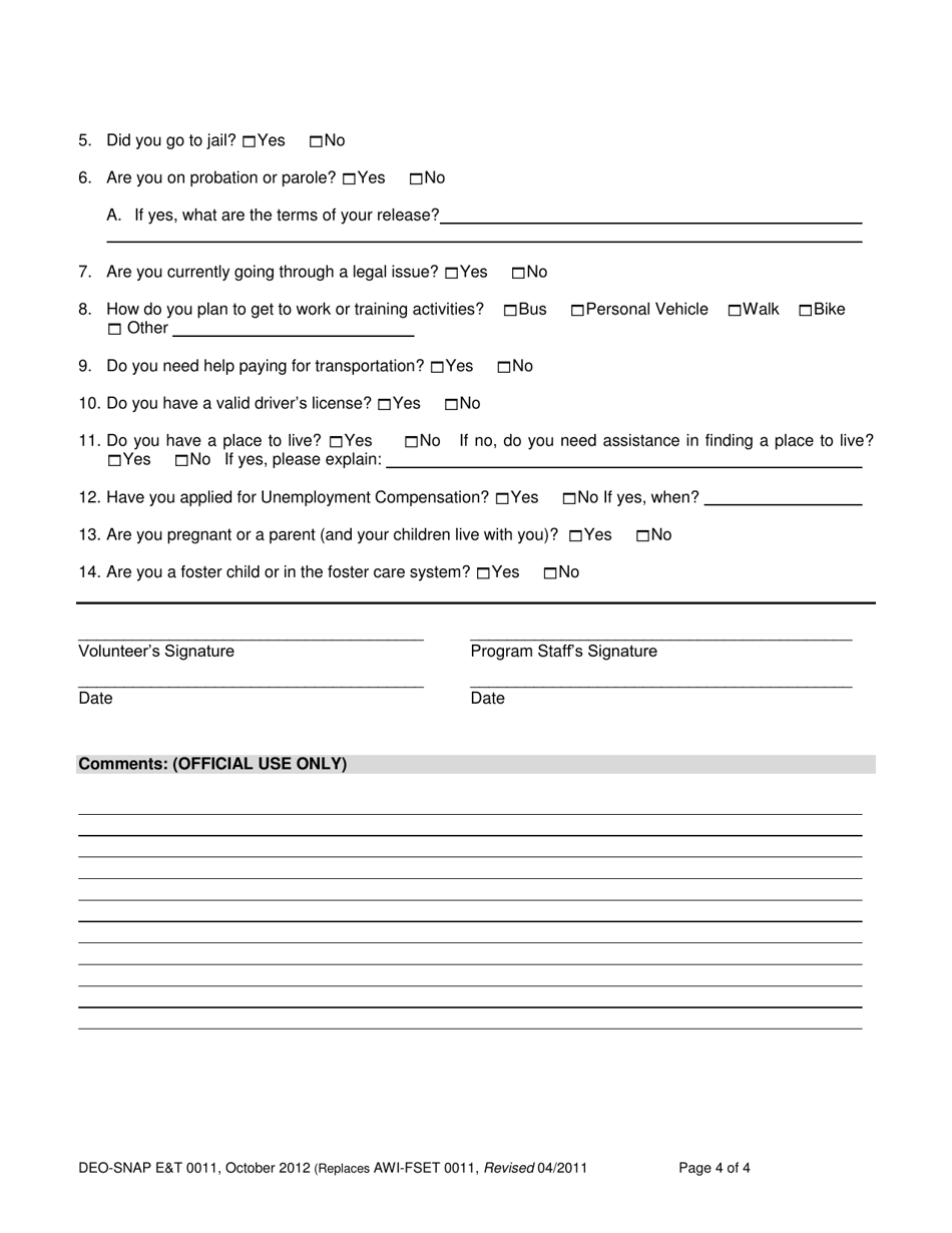 Form DEO-SNAP ET0011 Employment and Training (Et) Interest and Skills Questionnaire - Supplemental Nutrition Assistance Program (Snap) - Florida, Page 4