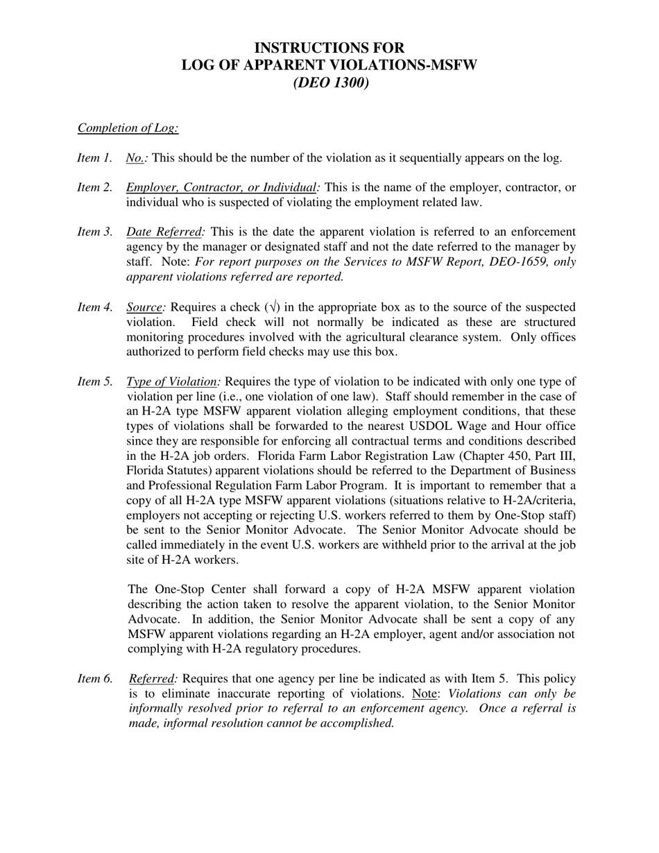 Instructions for Form DEO-1300 Log of Apparent Violations - Msfw - Florida, Page 1