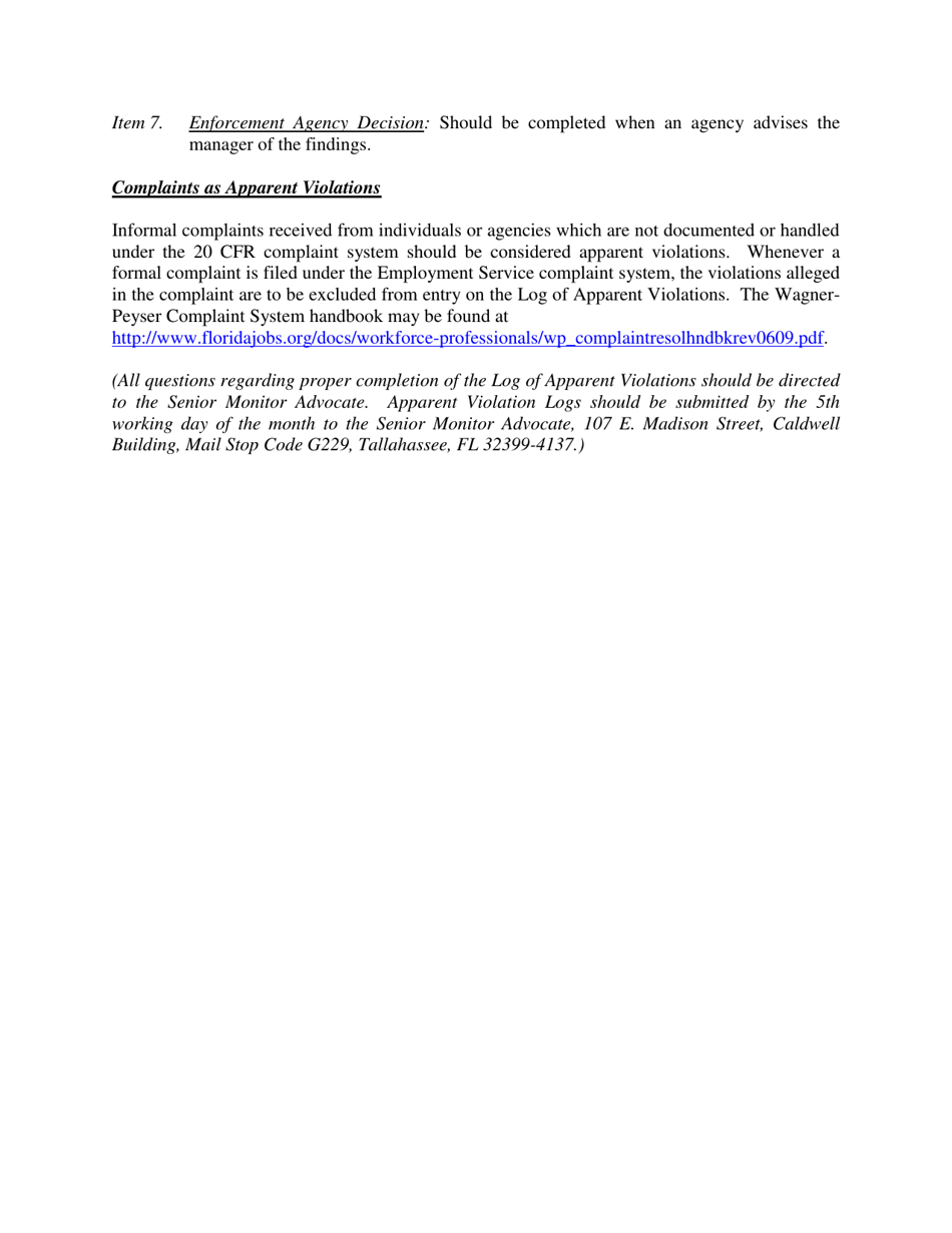 Instructions for Form DEO-1300 Log of Apparent Violations - Msfw - Florida, Page 2