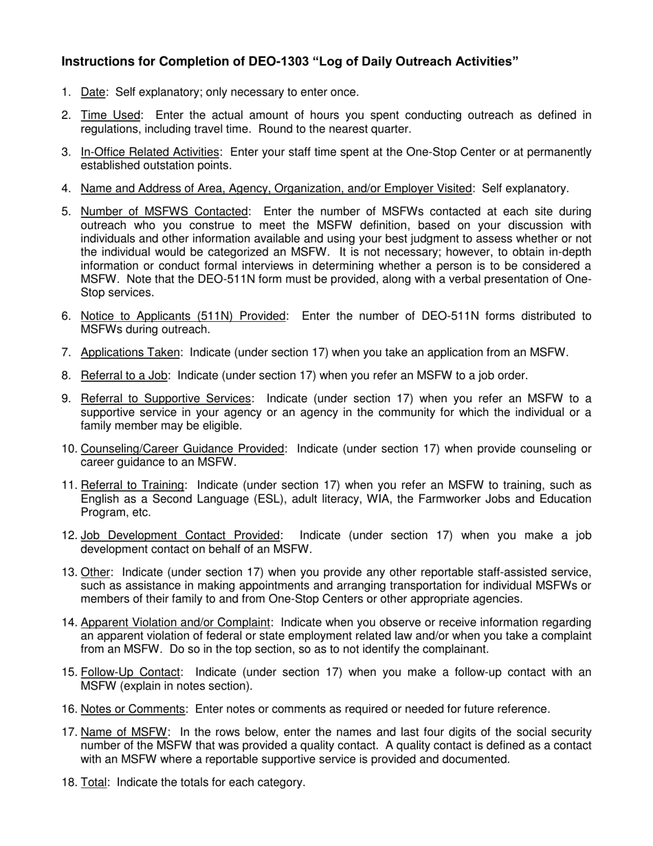 Instructions for Form DEO-1303 Log of Daily Outreach Activities - Florida, Page 1