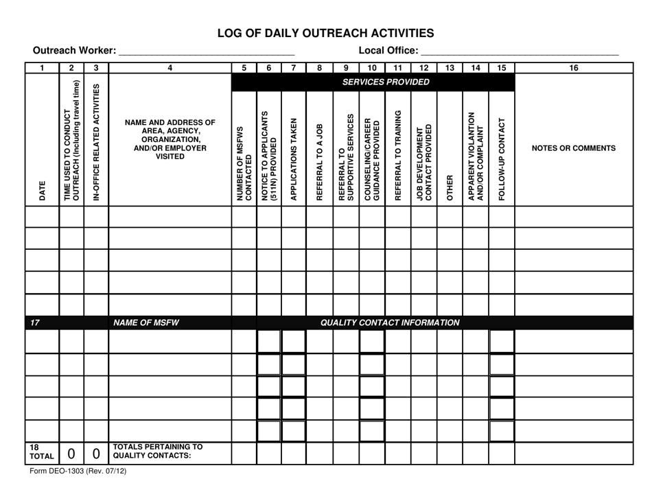 Form DEO-1303 Log of Daily Outreach Activities - Florida, Page 1