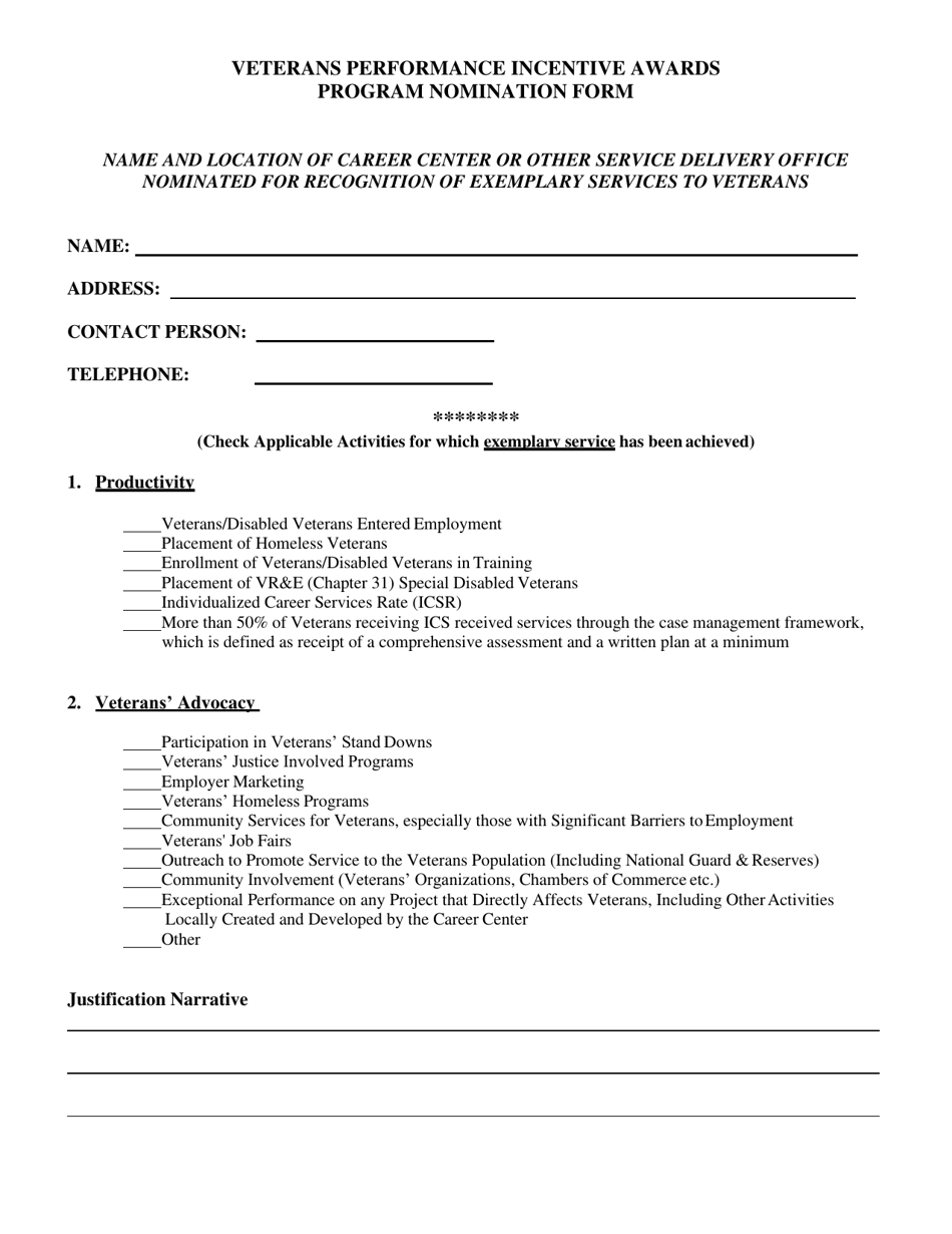 Veterans Performance Incentive Awards Program Nomination Form - Florida, Page 1
