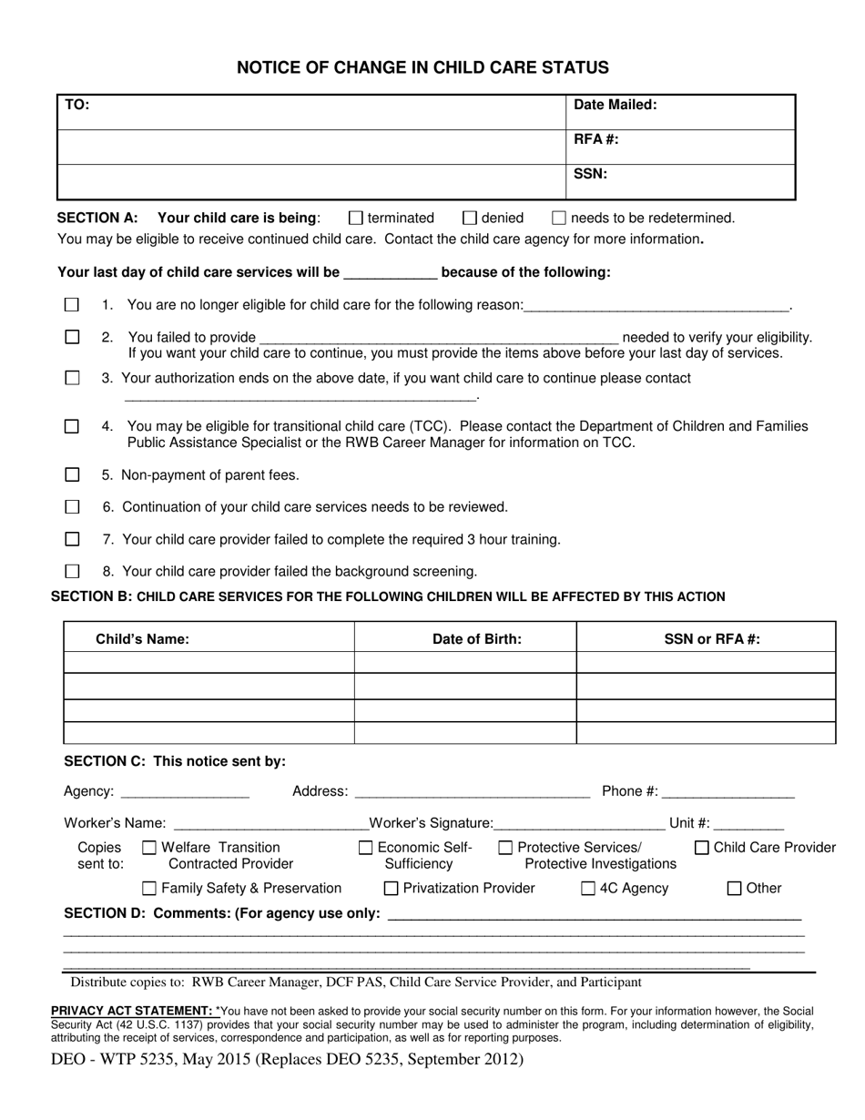 Form DEO-WTP5235 Notice of Change in Child Care Status - Florida, Page 1