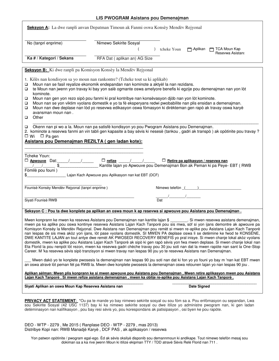 Form DEO-WTP2279 Relocation Assistance Program Checklist - Florida (Haitian Creole), Page 1