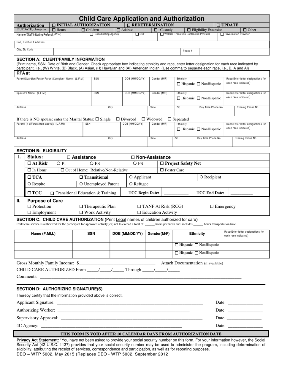 Form DEO-WTP5002 Child Care Application and Authorization - Florida, Page 1