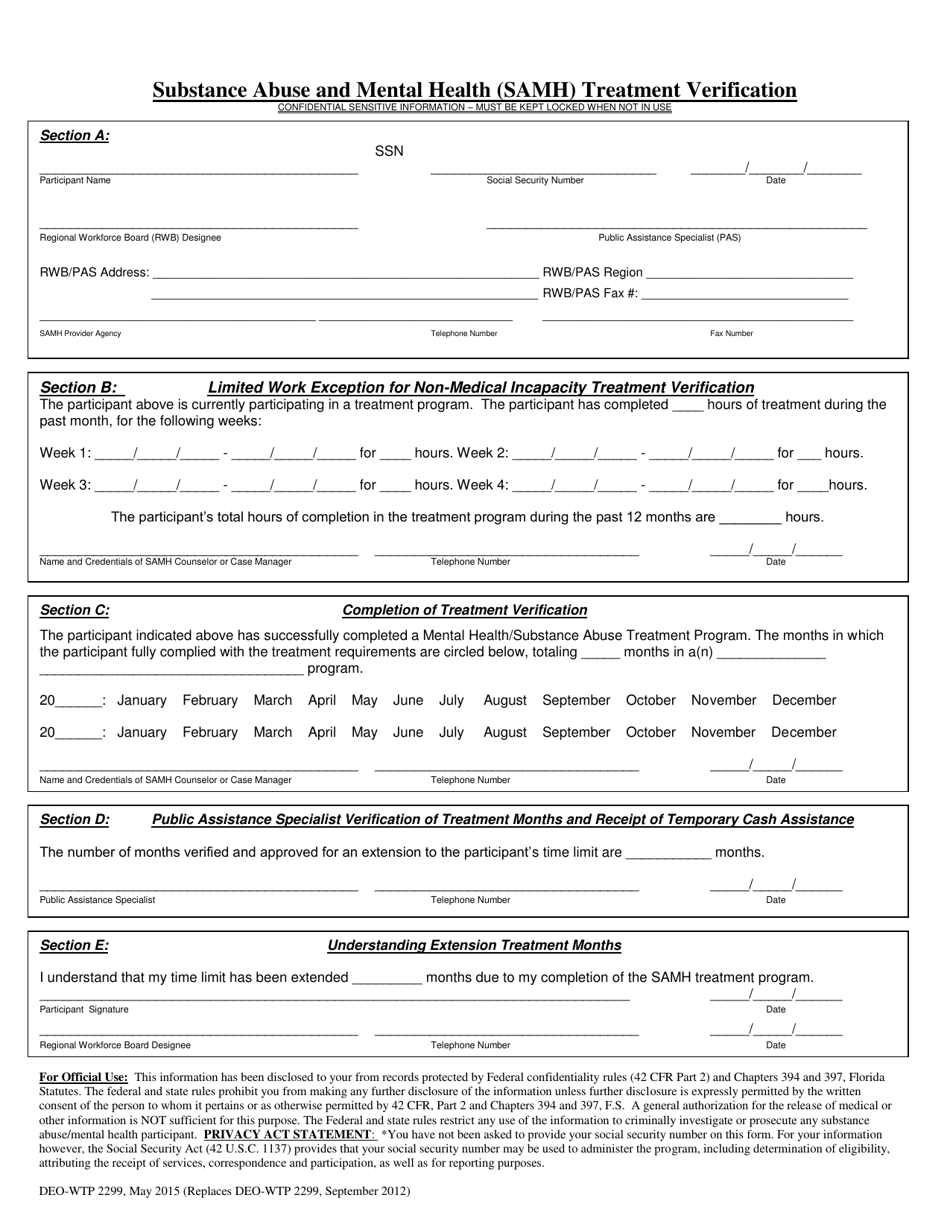 Form DEO-WTP2299 Substance Abuse and Mental Health (Samh) Treatment Verification - Florida, Page 1