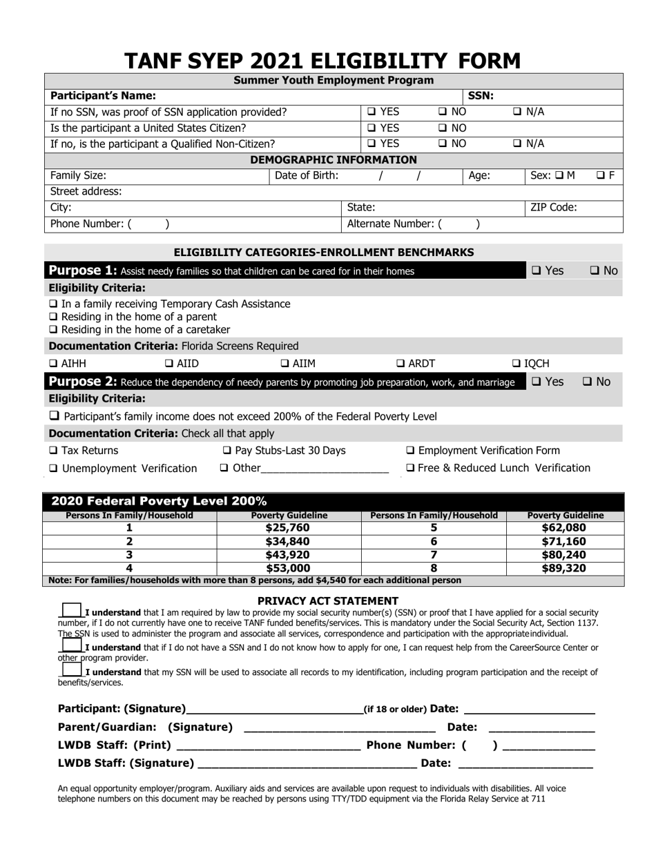 2021 Florida TANF Syep Eligibility Form Fill Out, Sign Online and