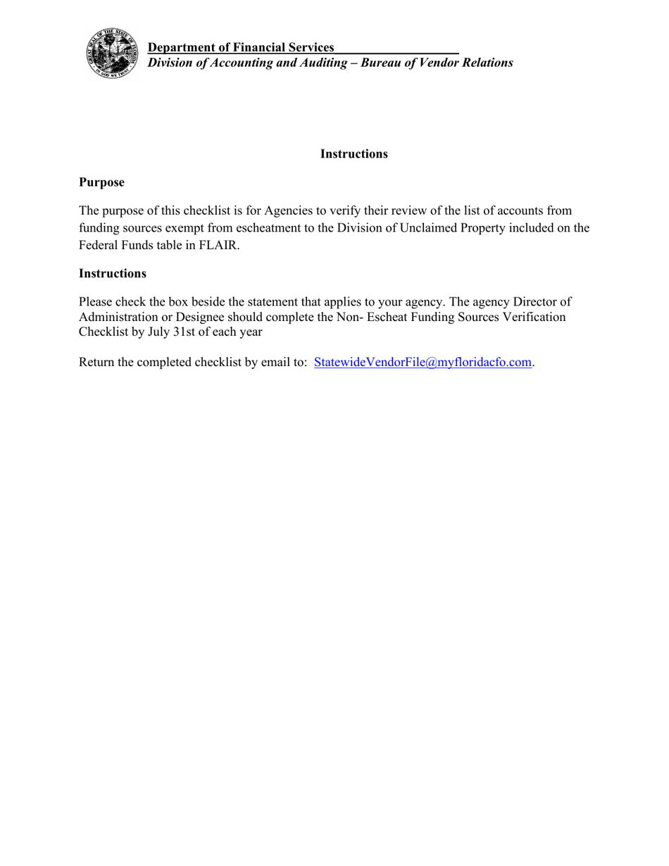 Non-escheat Funding Sources Verification Checklist - Florida, Page 2