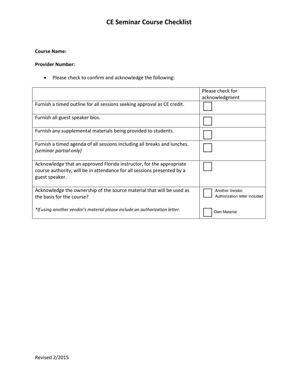 Ce Seminar Course Checklist - Florida, Page 1