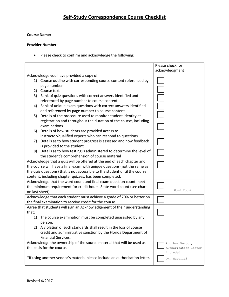 Self-study Correspondence Course Checklist - Florida, Page 1