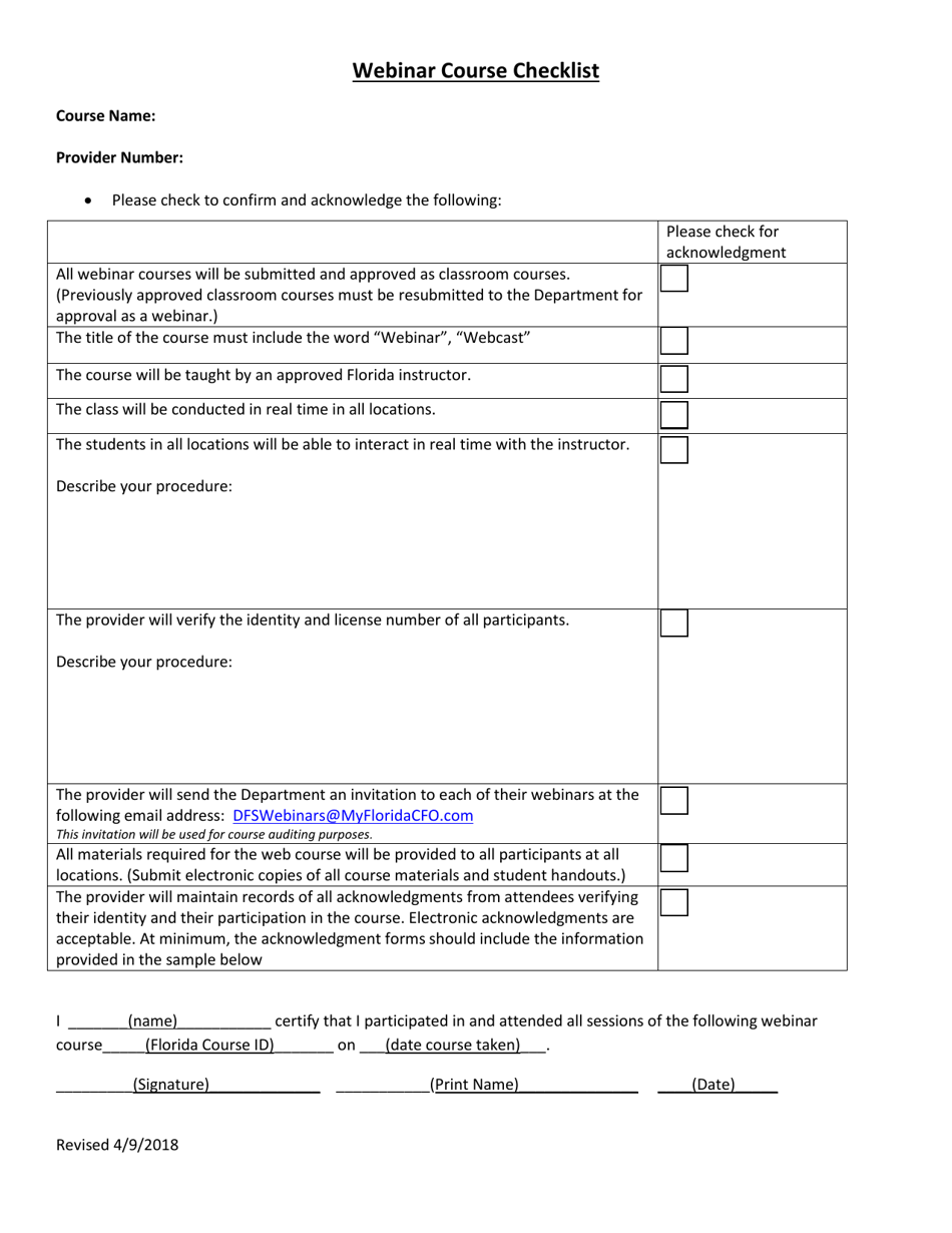 Webinar Course Checklist - Florida, Page 1