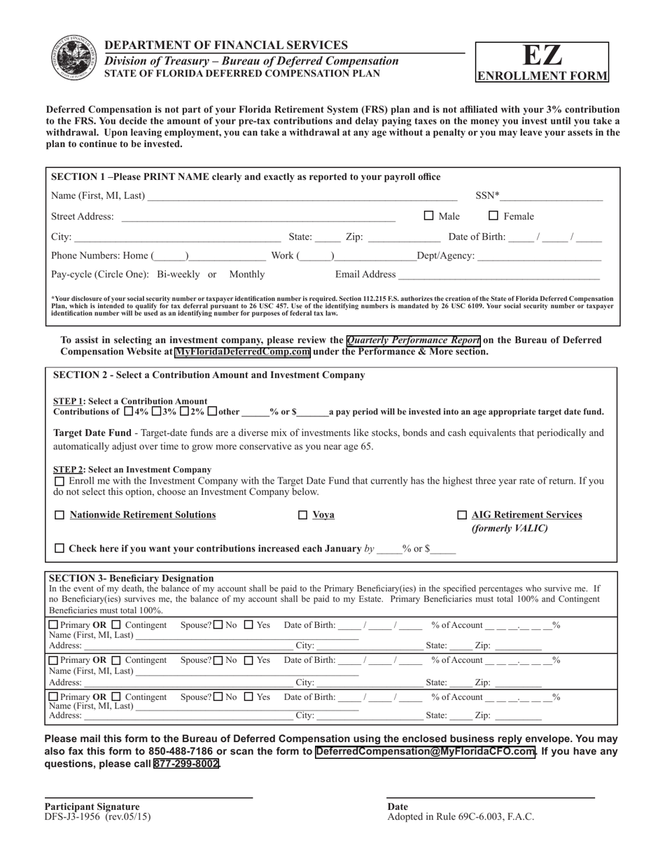 Form DFS-J3-1956 Deferred Compensation Plan Ez Enrollment Form - Florida, Page 1