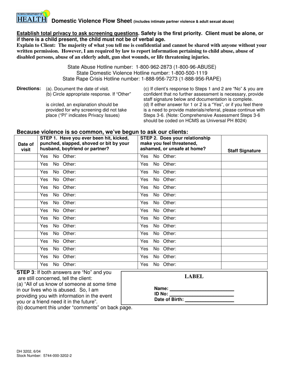 Form DH3202 Domestic Violence Flow Sheet - Florida, Page 1