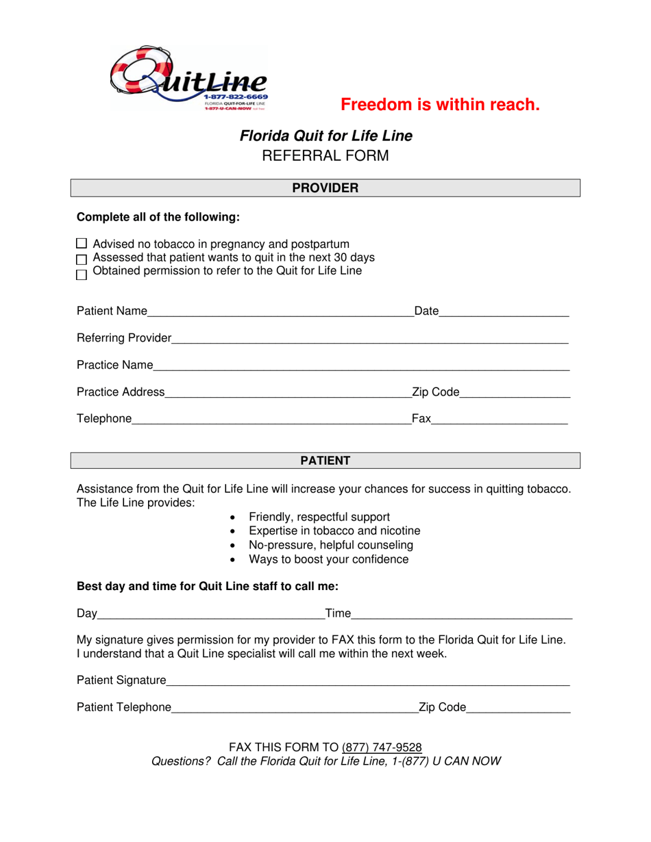 Florida Quit for Life Line Referral Form - Florida, Page 1